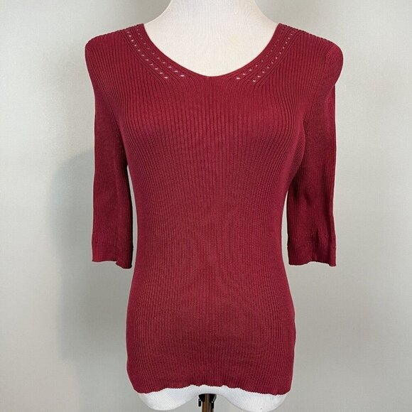 Peruvian Connection Ribbed Knit Top 3/4 Length Sleeves Cut Out Detail Size Small - Picture 2 of 10